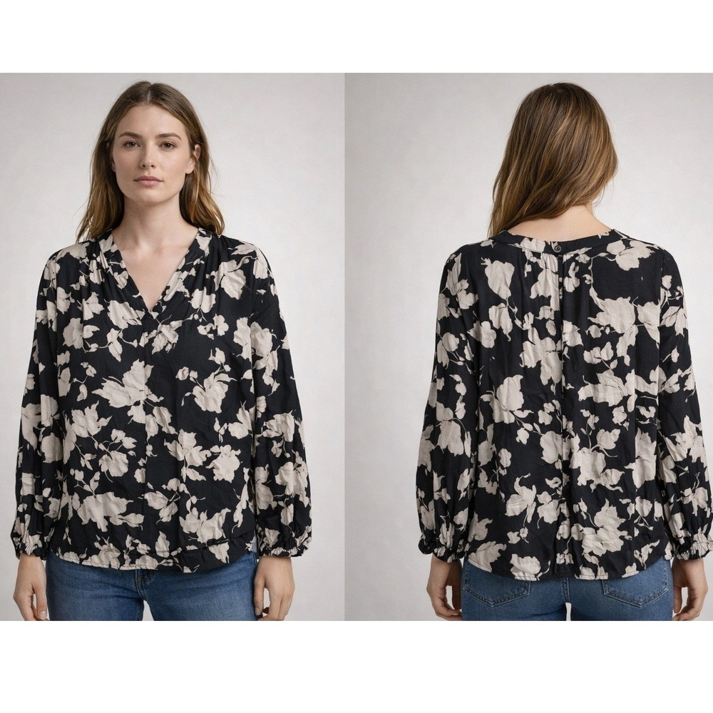 H&M Floral Blouse Womens Size XXL Black White Moody Dark Romance V-Neck Top